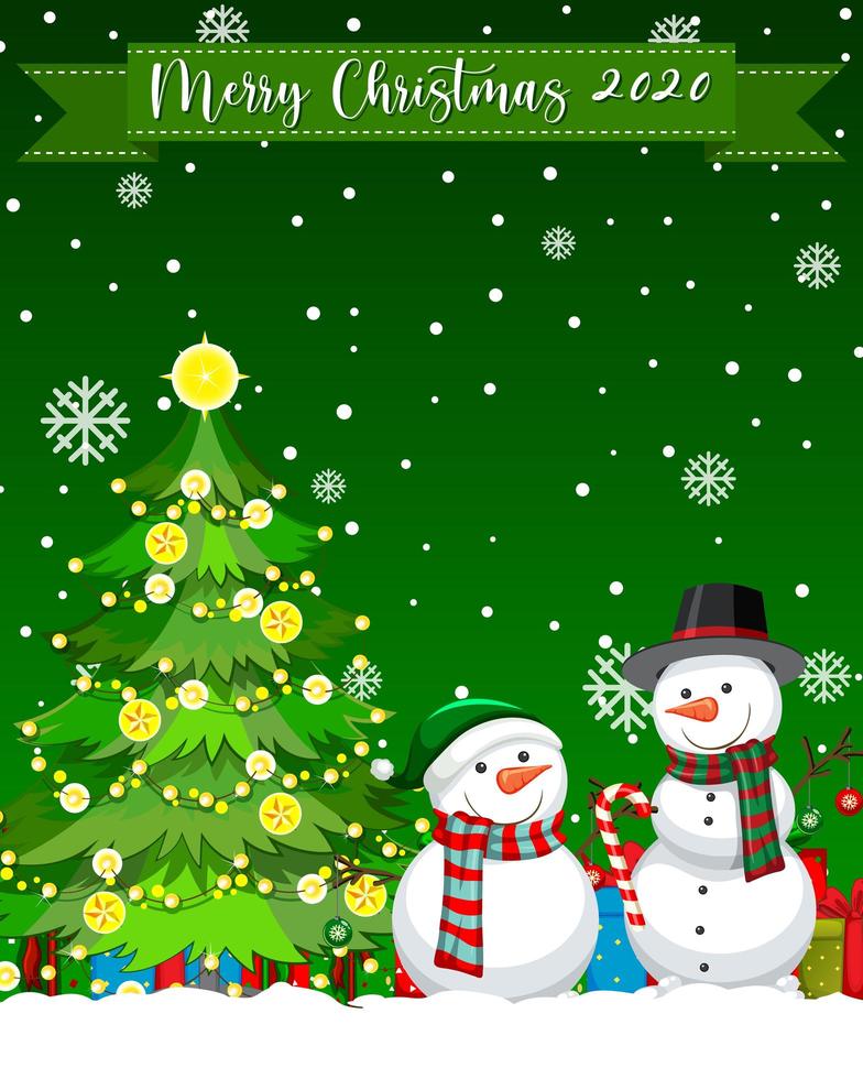 Merry Christmas 2020 font logo with snowman cartoon character vector