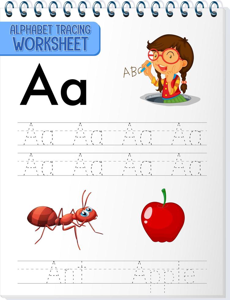 hoja de trabajo de rastreo alfabético con letras y vocabulario vector