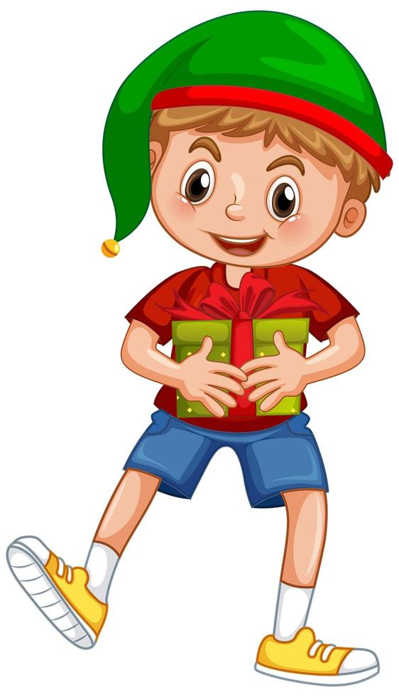 Cute boy wearing Christmas hat and holding a gift box on white background vector