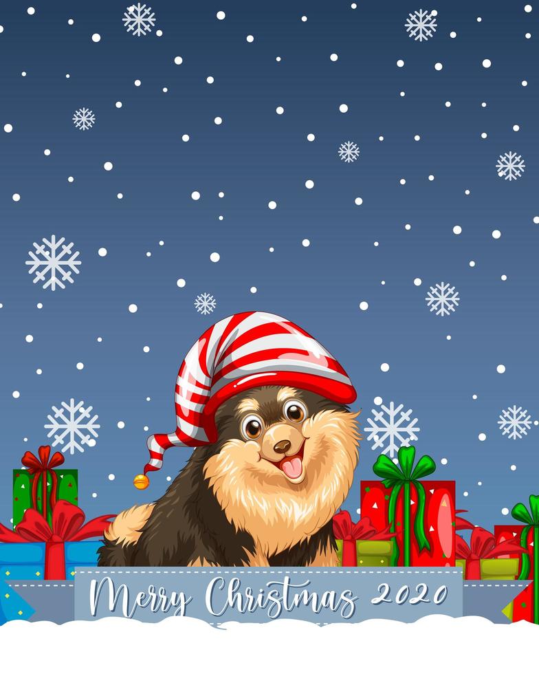 Feliz Navidad 2020 logotipo de fuente con personaje de dibujos animados de perro chihuahua vector