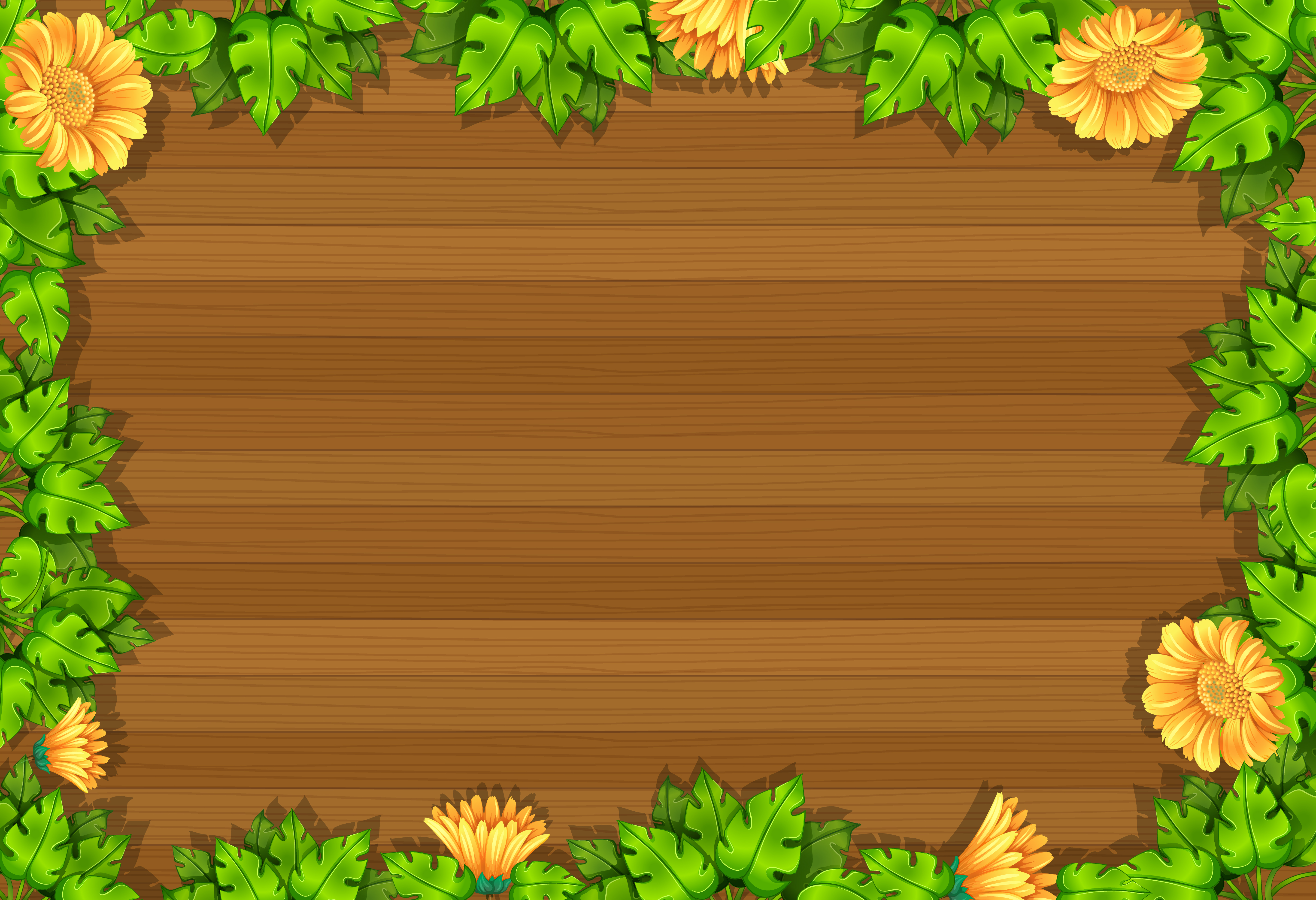 Top view of blank wooden table with leaves and yellow flower