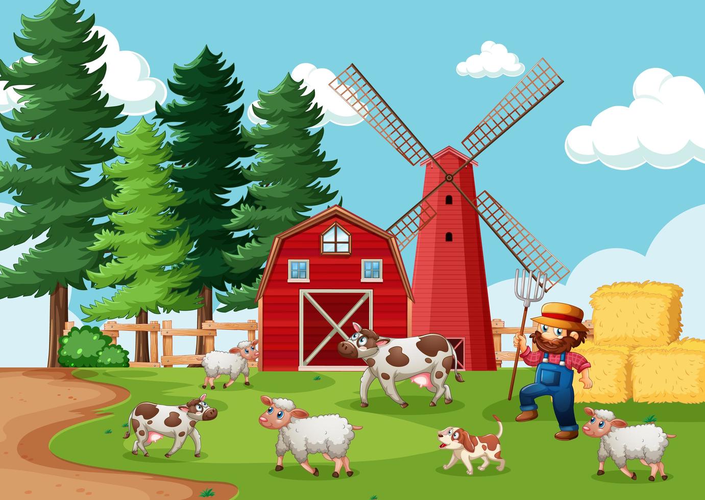 granjero con granja de animales en la escena de la granja en estilo de dibujos animados vector