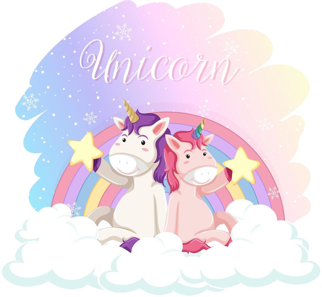 Lindos unicornios sentados en la nube con arco iris pastel aislado sobre fondo blanco. vector