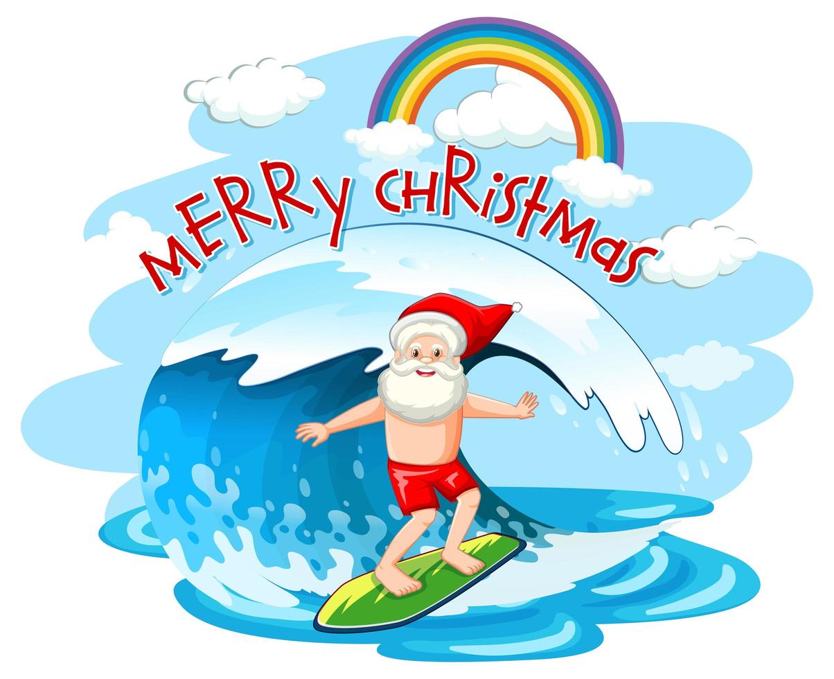 santa claus surfeando en ola en tema de verano de navidad vector