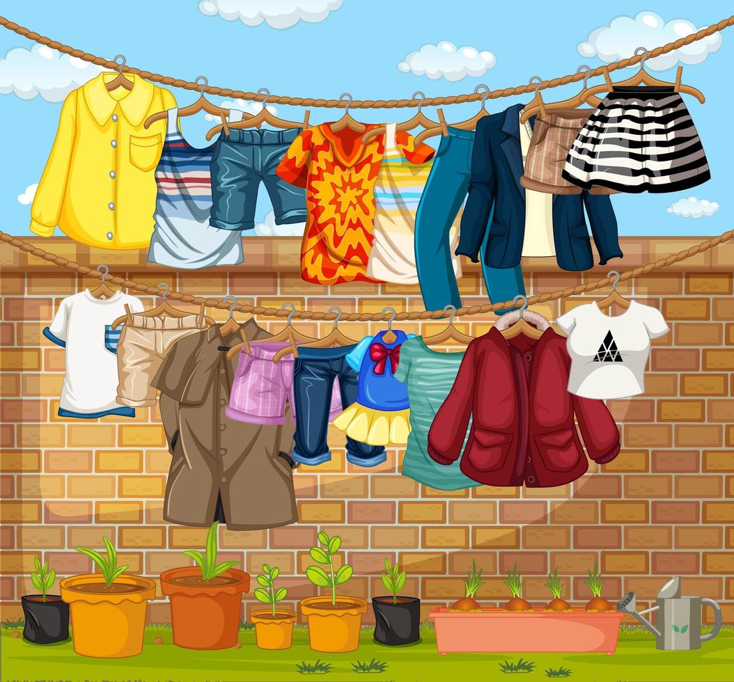 Clothes hanging on clotheslines outdoor scene 1482375 Vector Art at Vecteezy