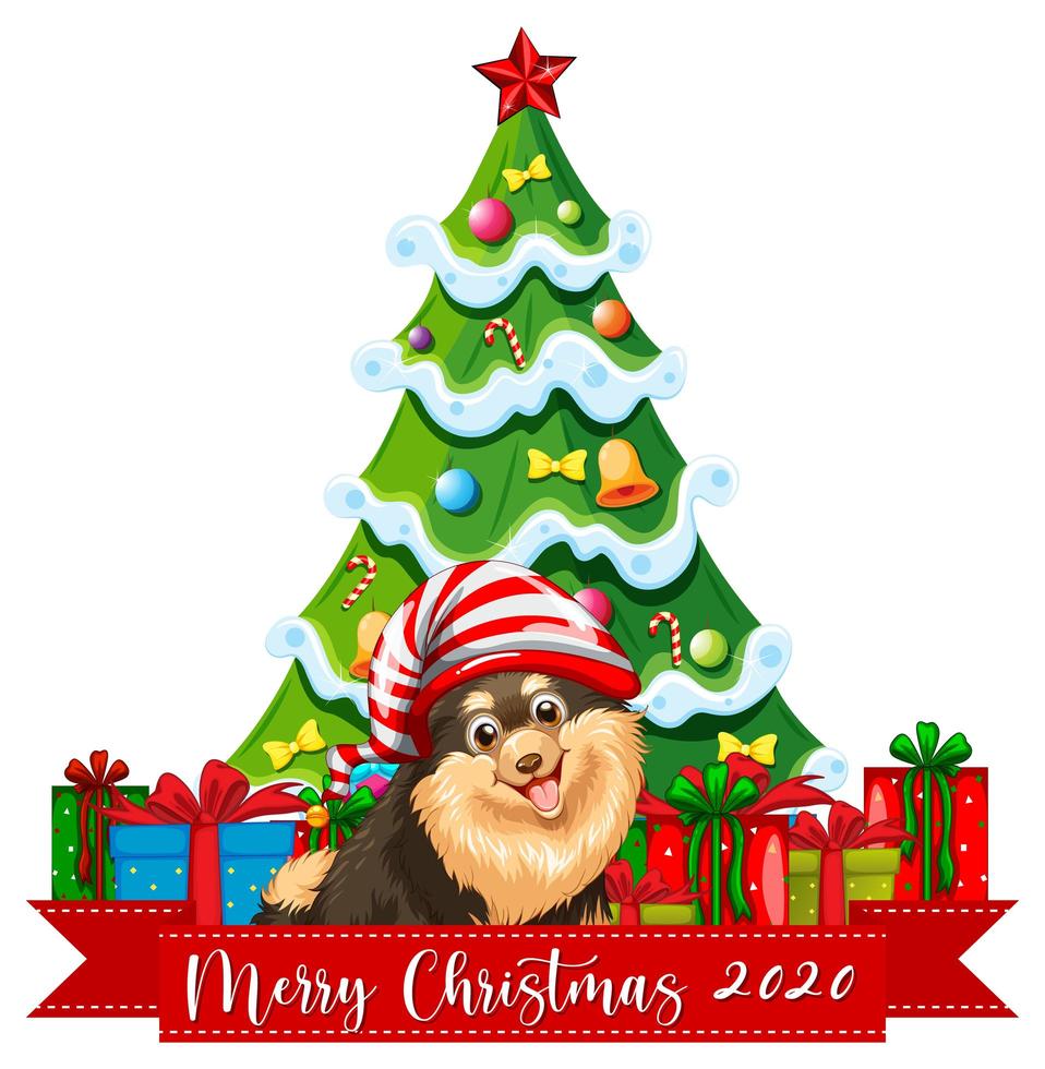 Merry Christmas 2020 font banner with cute chihuahua dog on white background vector