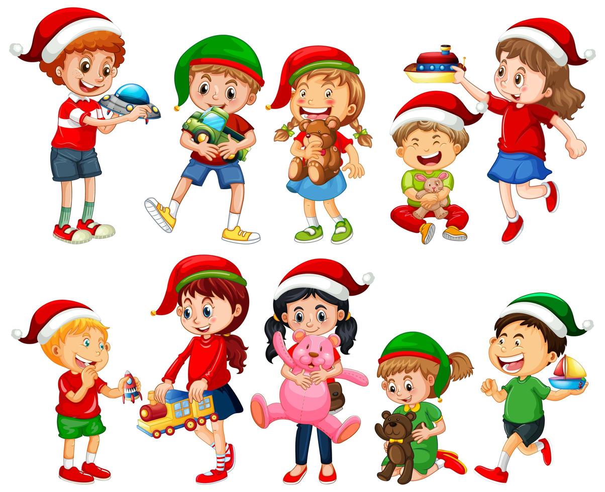 Diferentes niños vistiendo trajes en tema navideño y jugando con sus juguetes aislados sobre fondo blanco. vector