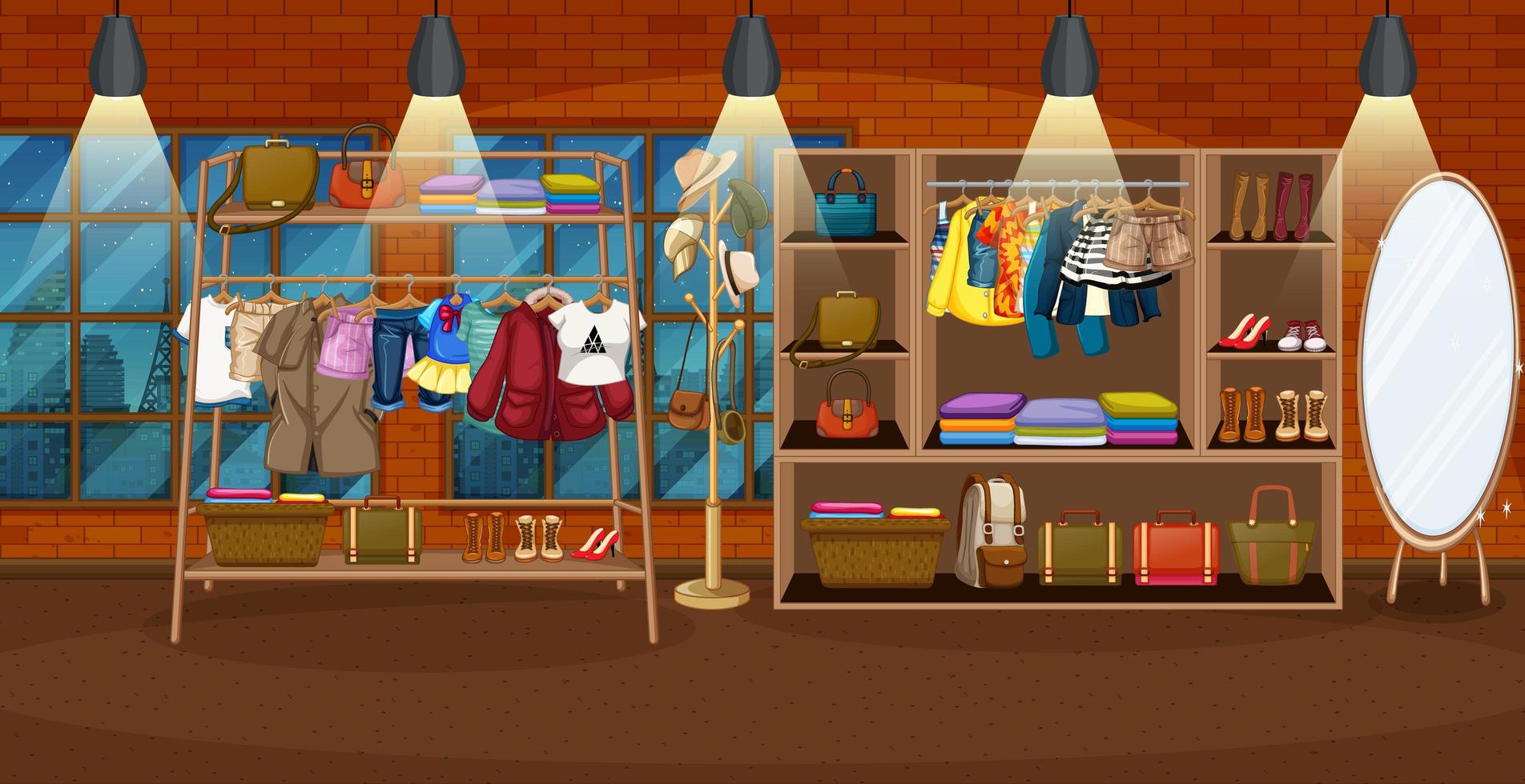 Clothes hanging on a clothes rack with accessories on shelves in the room scene vector