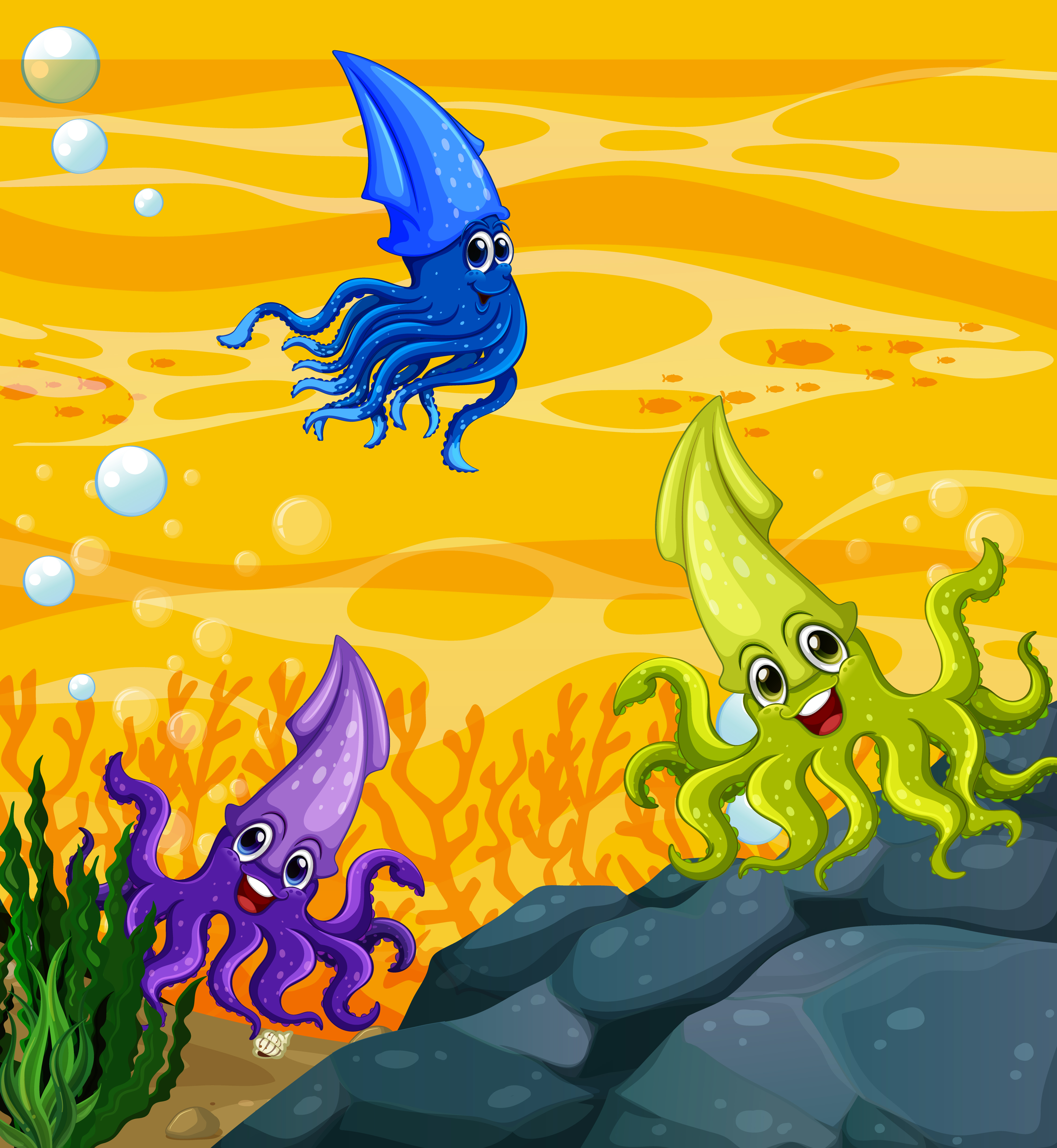 Many different squids cartoon character in the underwater background  1482405 Vector Art at Vecteezy