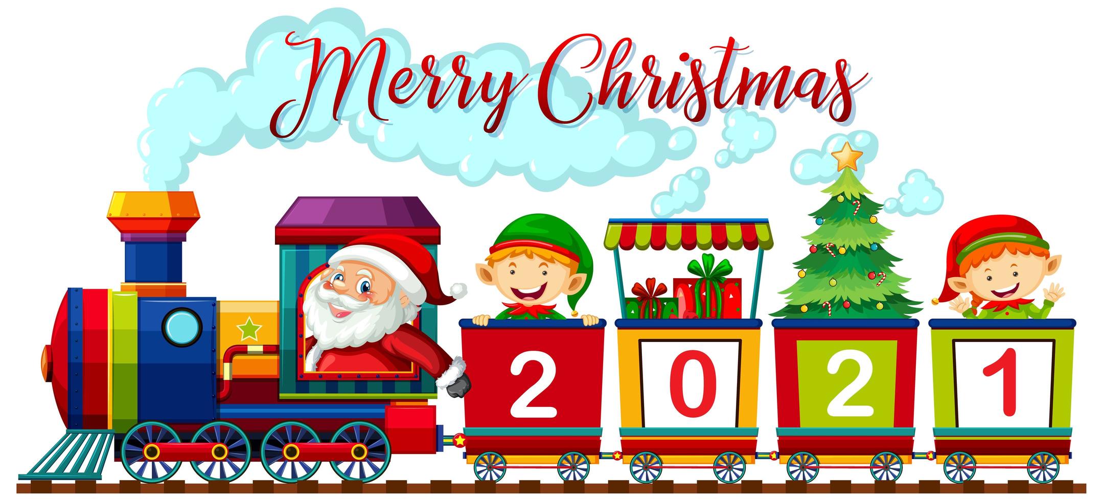 Merry Christmas font with Santa Claus and elf on the train on white background vector