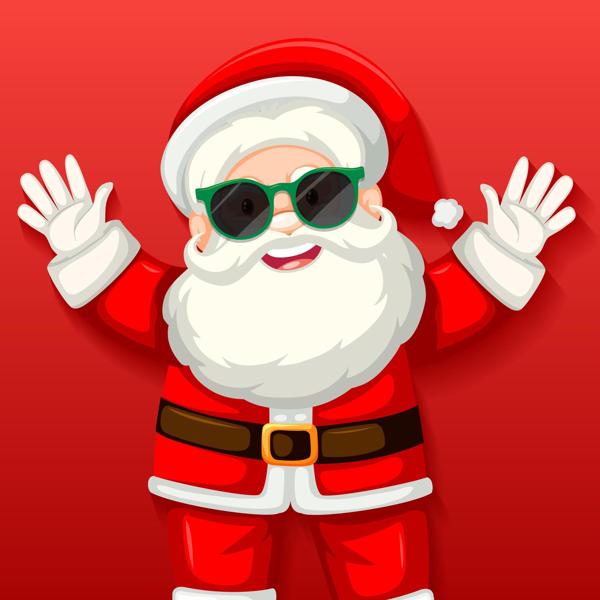 Cute Santa Claus wearing sunglasses cartoon character on red background