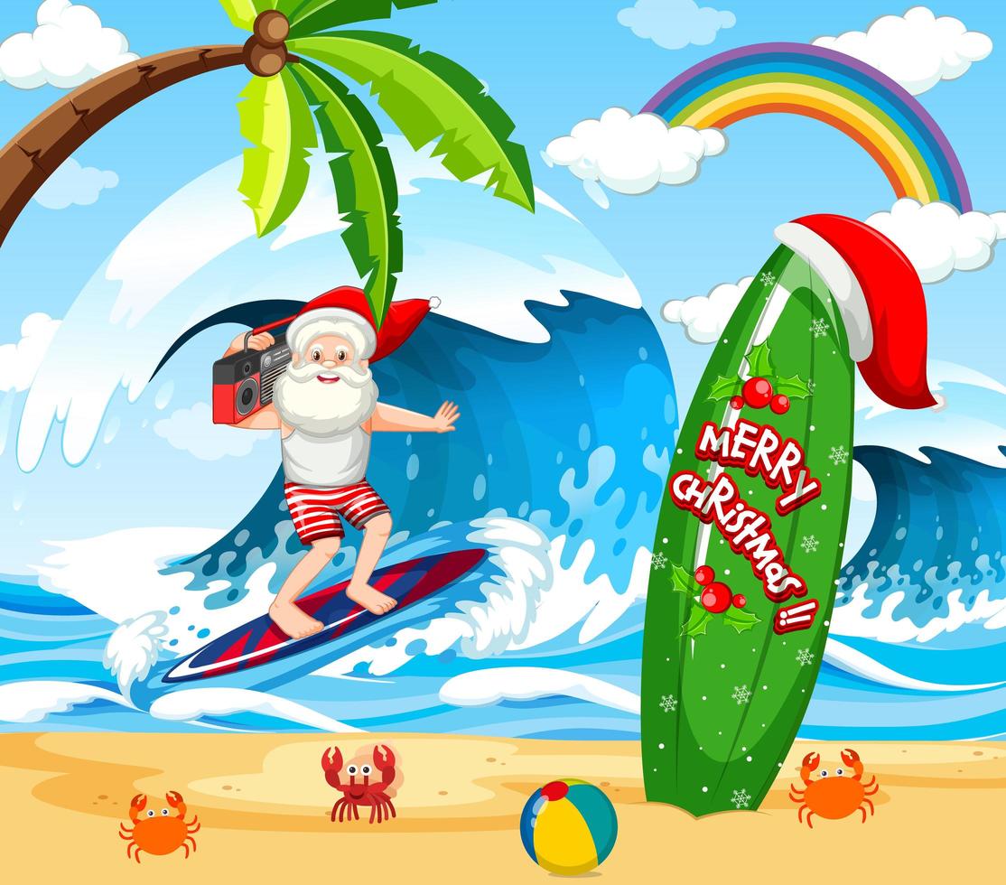 Santa Claus surfing at the beach for Summer Christmas vector