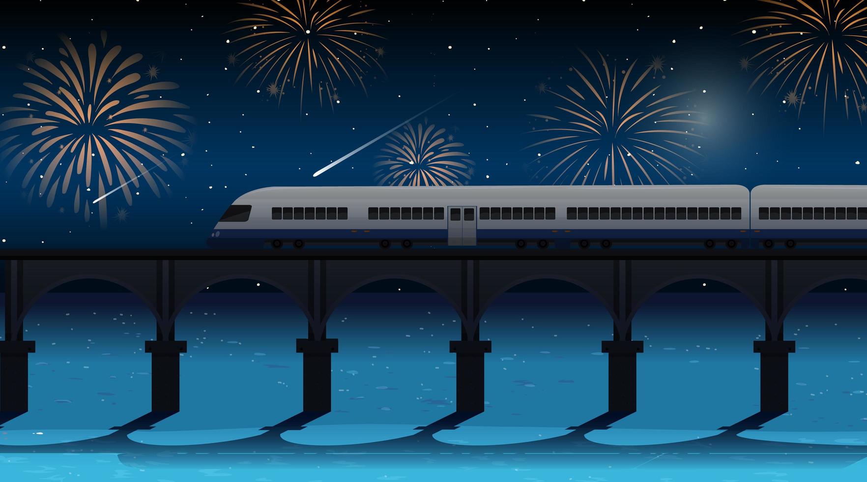 tren cruza el río con celebración de fuegos artificiales vector