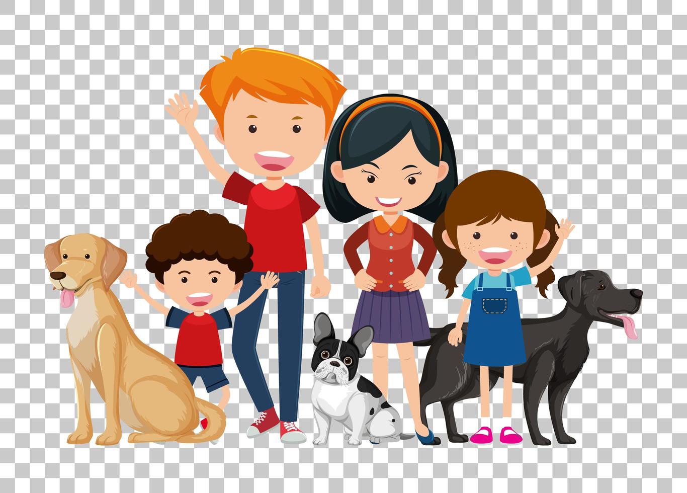 una pareja y niños con sus perros de compañía aislados sobre fondo transparente vector