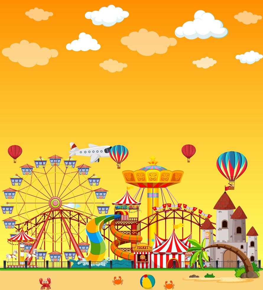 escena del parque de atracciones durante el día con cielo amarillo en blanco vector