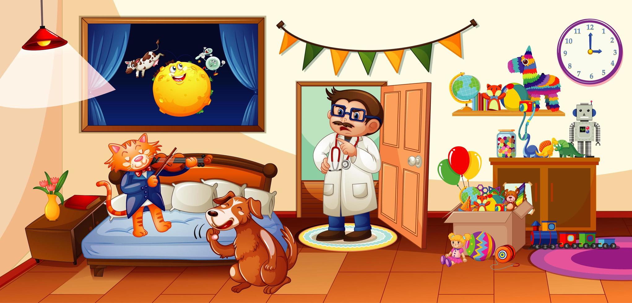 Kid bedroom with many toys and dog and cat scene vector