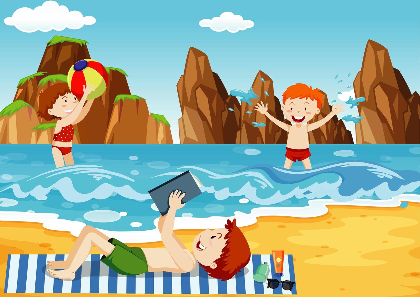 Ocean scene with people having fun on the beach vector