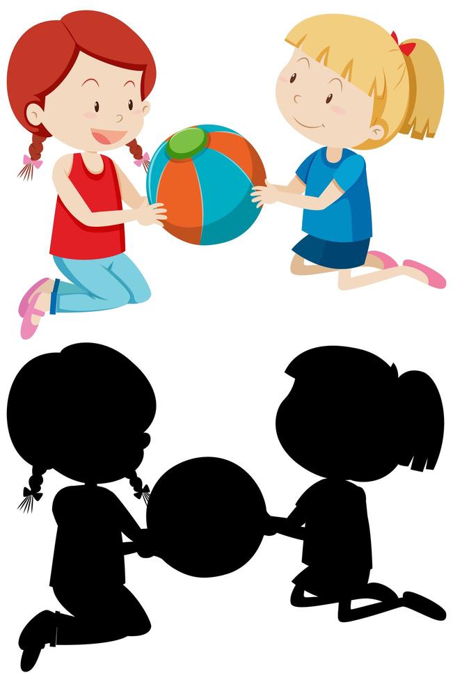 dos niñas jugando a la pelota en color y silueta vector