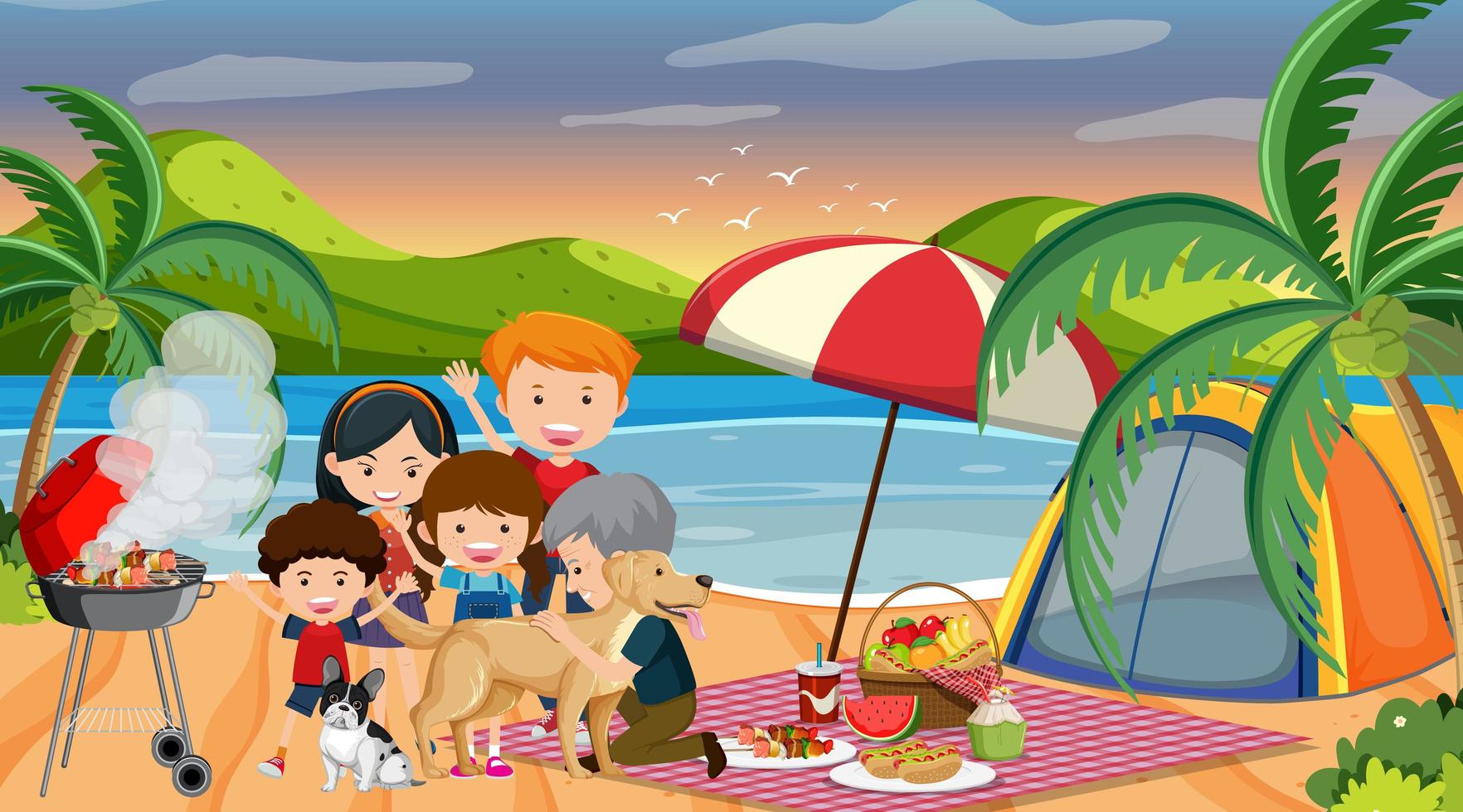 Picnic scene with happy family at the beach vector