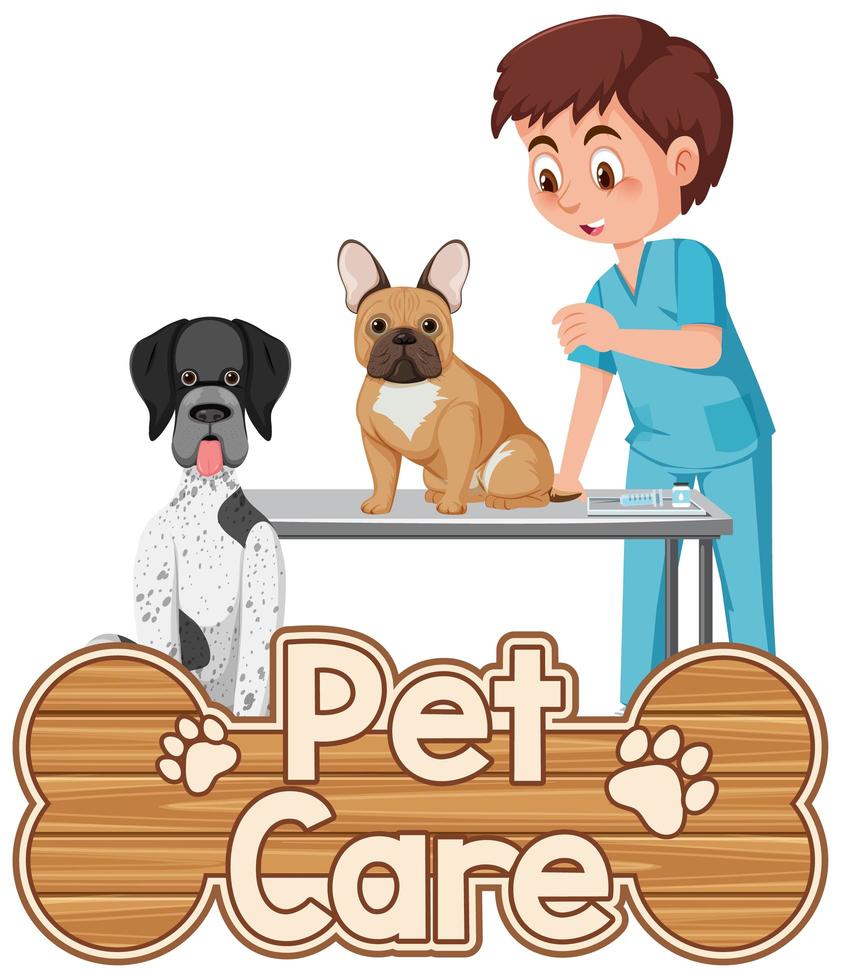 Pet Care logo or banner with veterinary doctor and dogs on white background vector