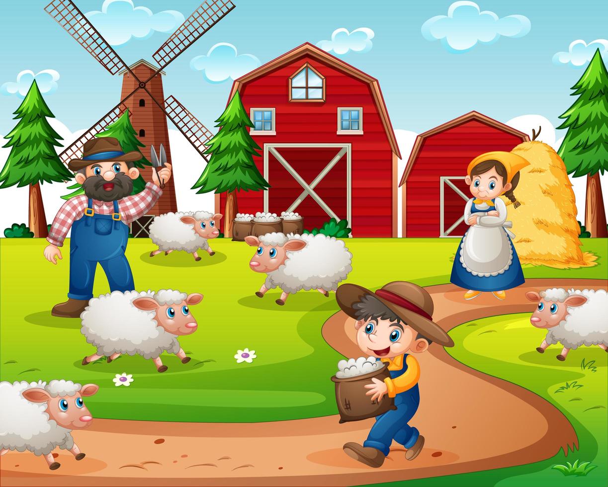 Farm with red barn and windmill scene vector