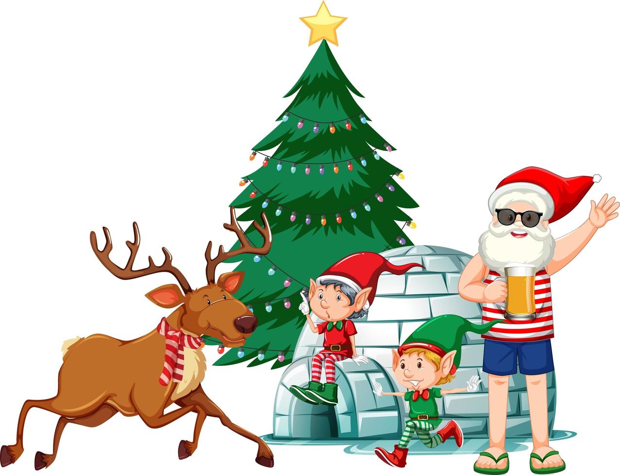 Santa Claus in summer costume with elf and raindeer on white background vector