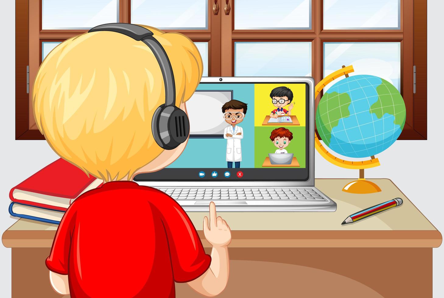 Back view of a boy communicate video conference with friends at home scene vector