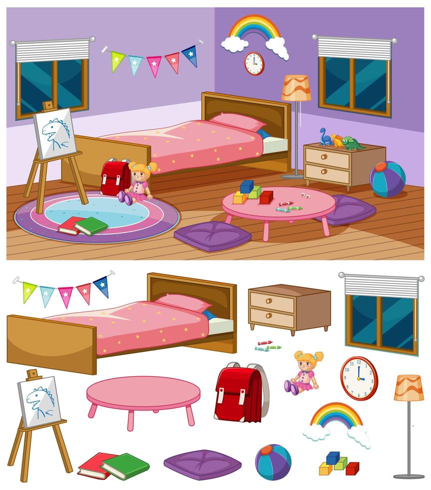 Escena de fondo del dormitorio con muchos muebles. vector