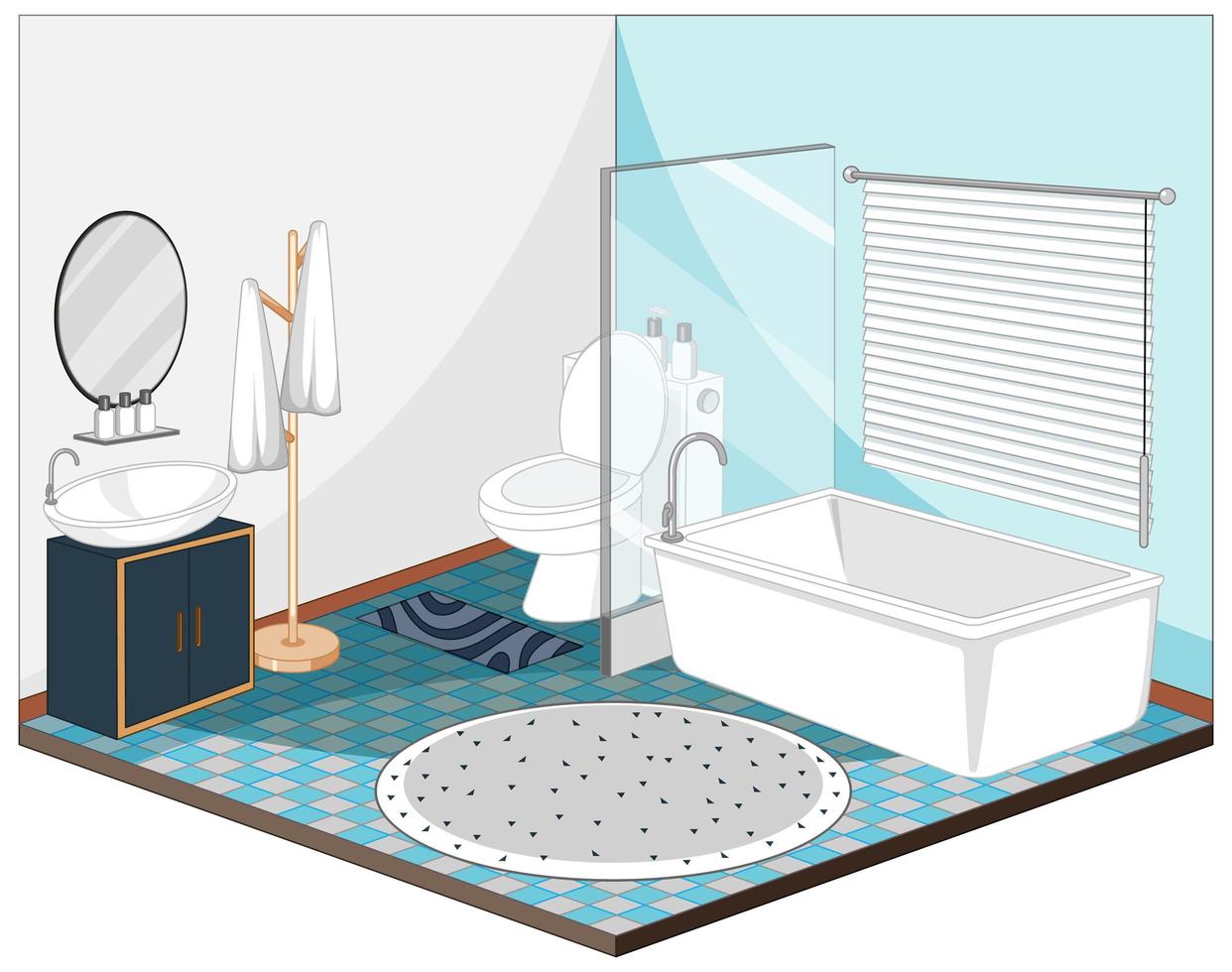 Interior de baño con muebles en tema azul. vector