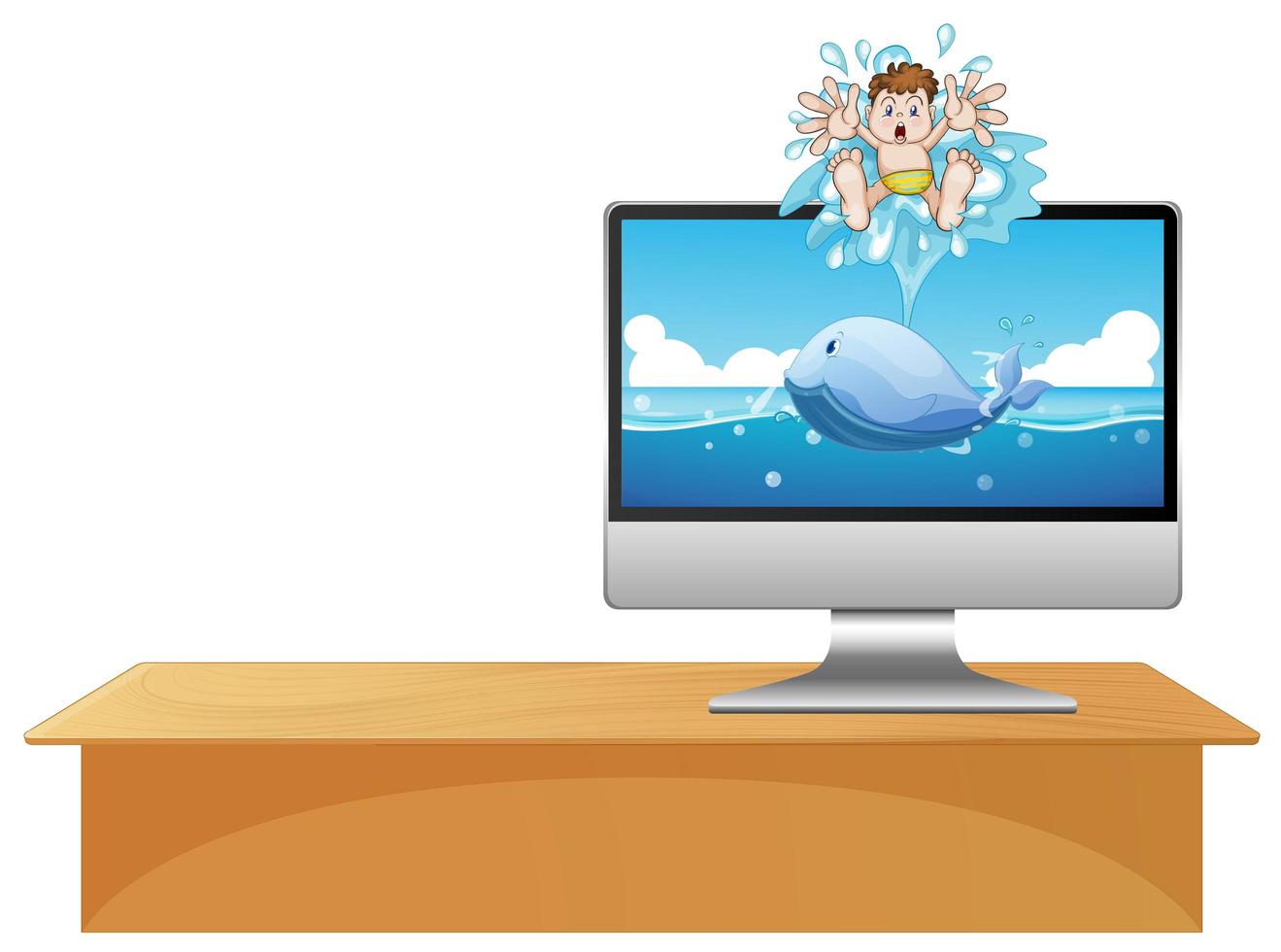 Computer with whale on the desktop vector