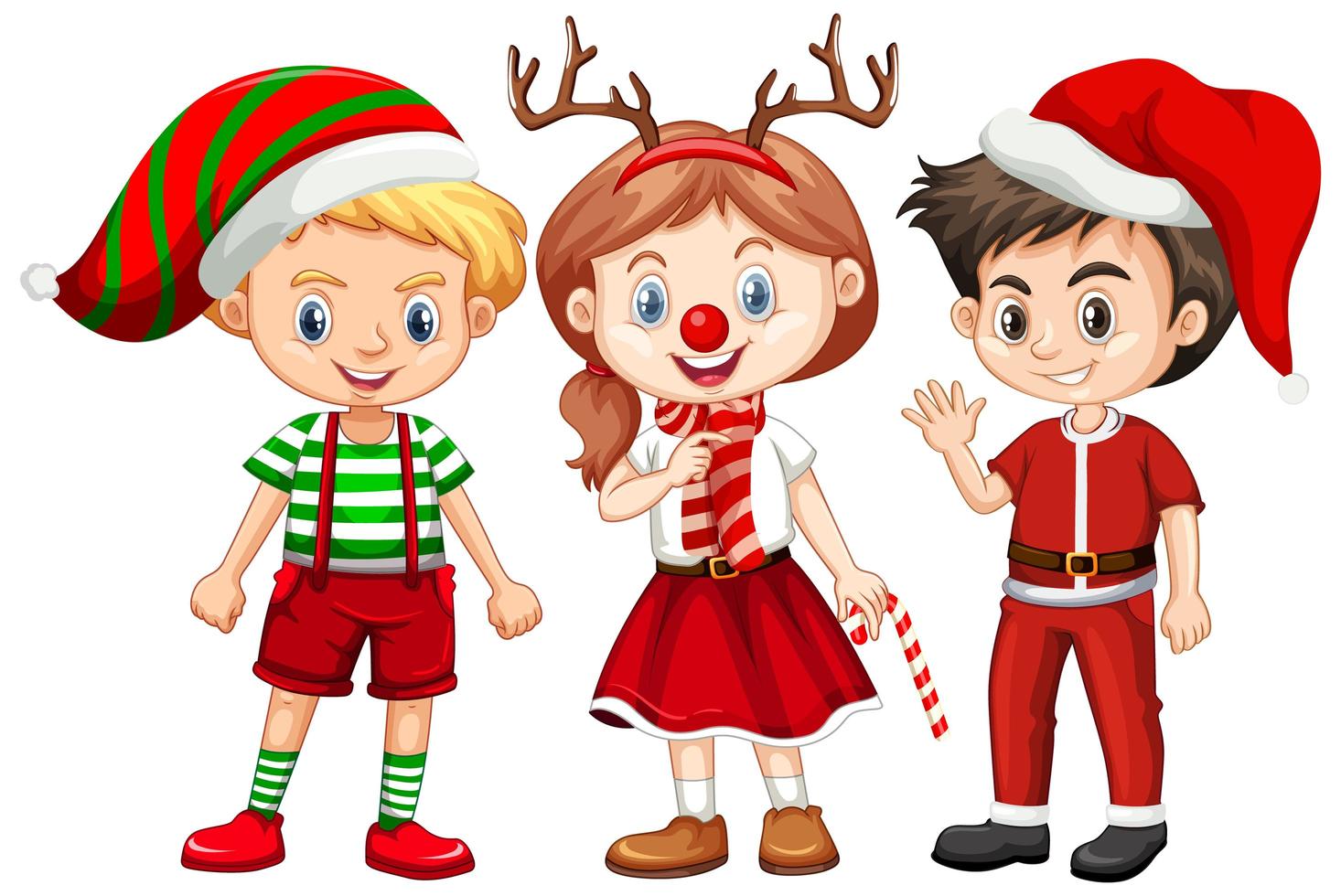 Tres niños disfrazados de Navidad personaje de dibujos animados sobre fondo blanco. vector