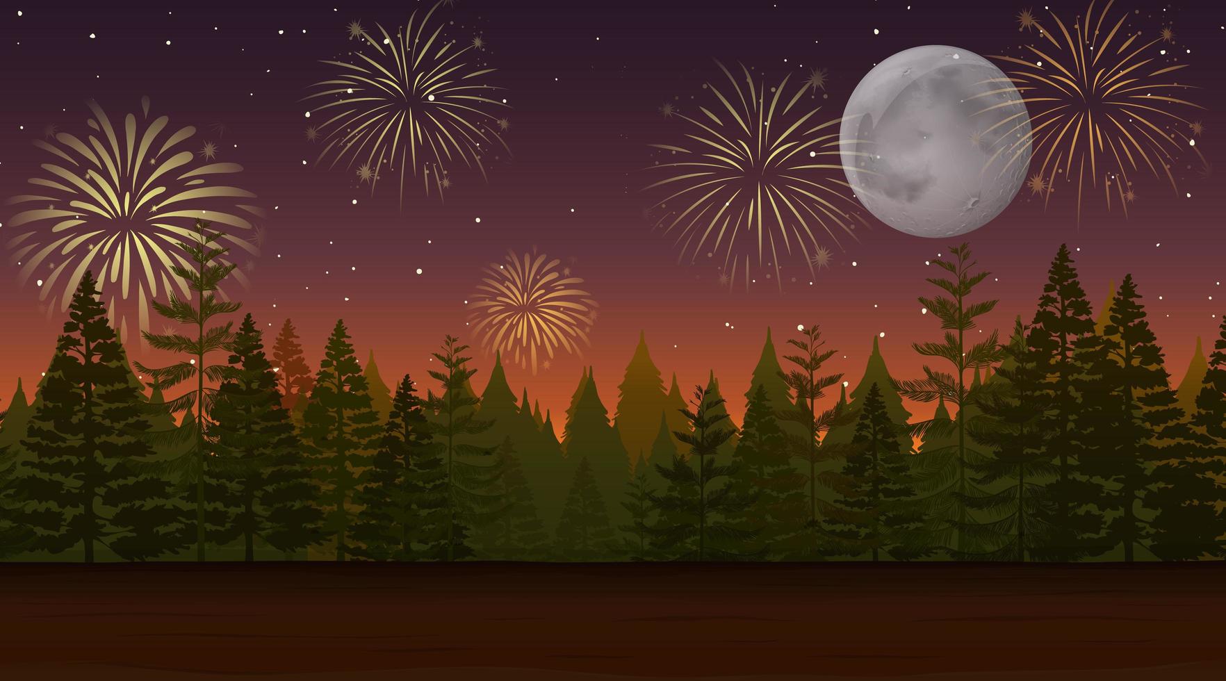 Forest with celebration fireworks scene vector