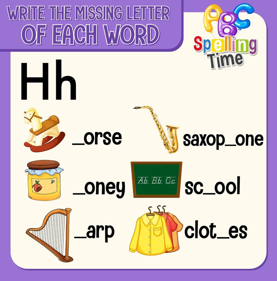 Fill the missing letter of each word worksheet for children vector