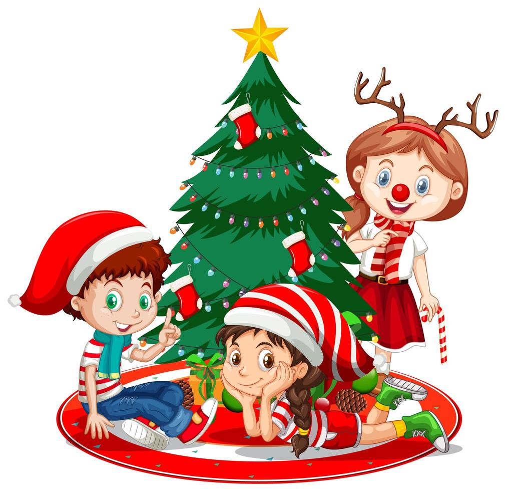 Los niños usan traje de Navidad personaje de dibujos animados con árbol de Navidad sobre fondo blanco. vector