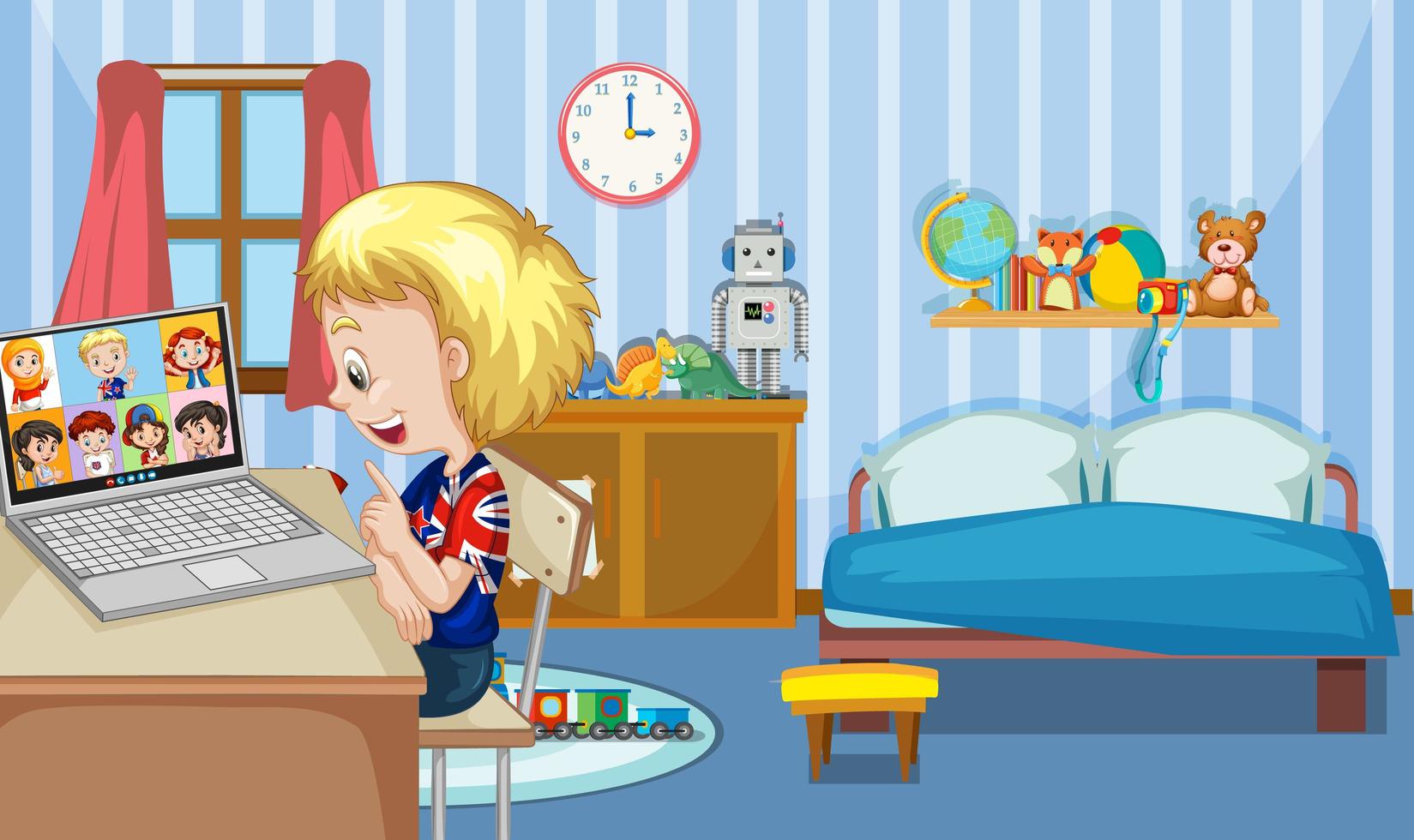 A boy communicate video conference with friends in bedroom scene vector