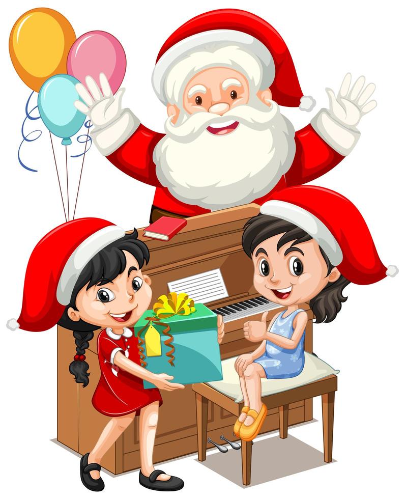 Santa Claus with two girl playing piano on white background vector
