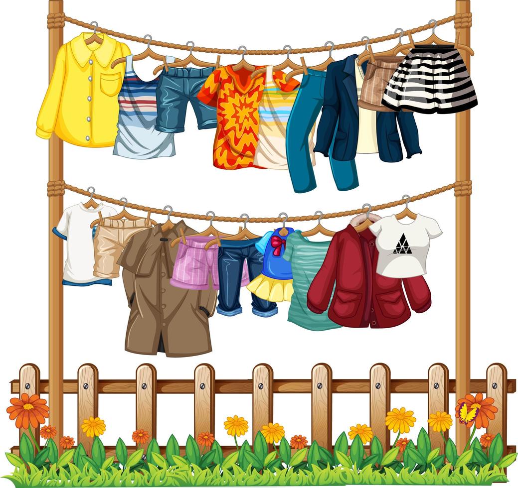 Clothes hanging on a clothesline with fence and flower elements on white background vector