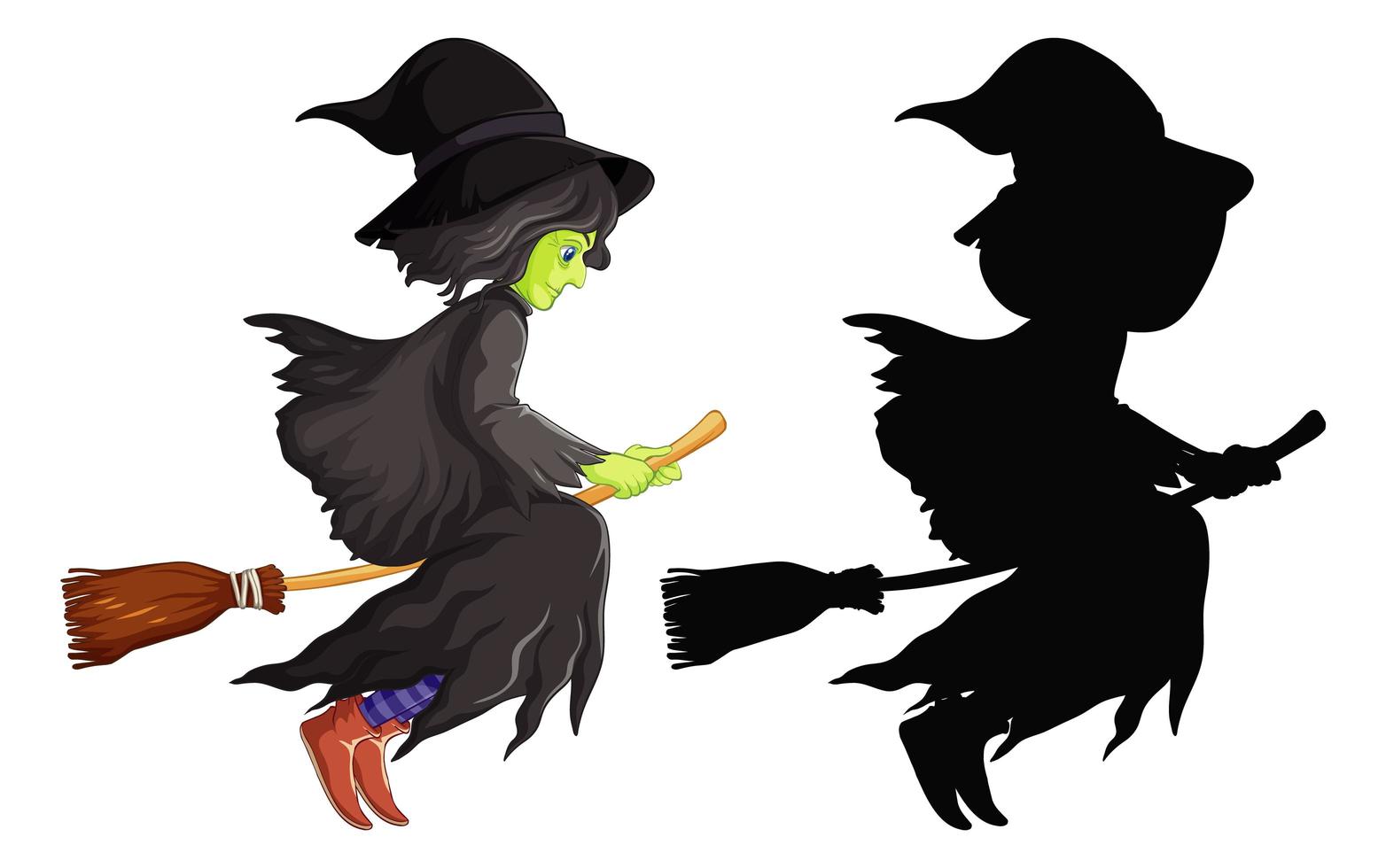 Witch with broomstick in color and silhouette cartoon character isolated on white background vector