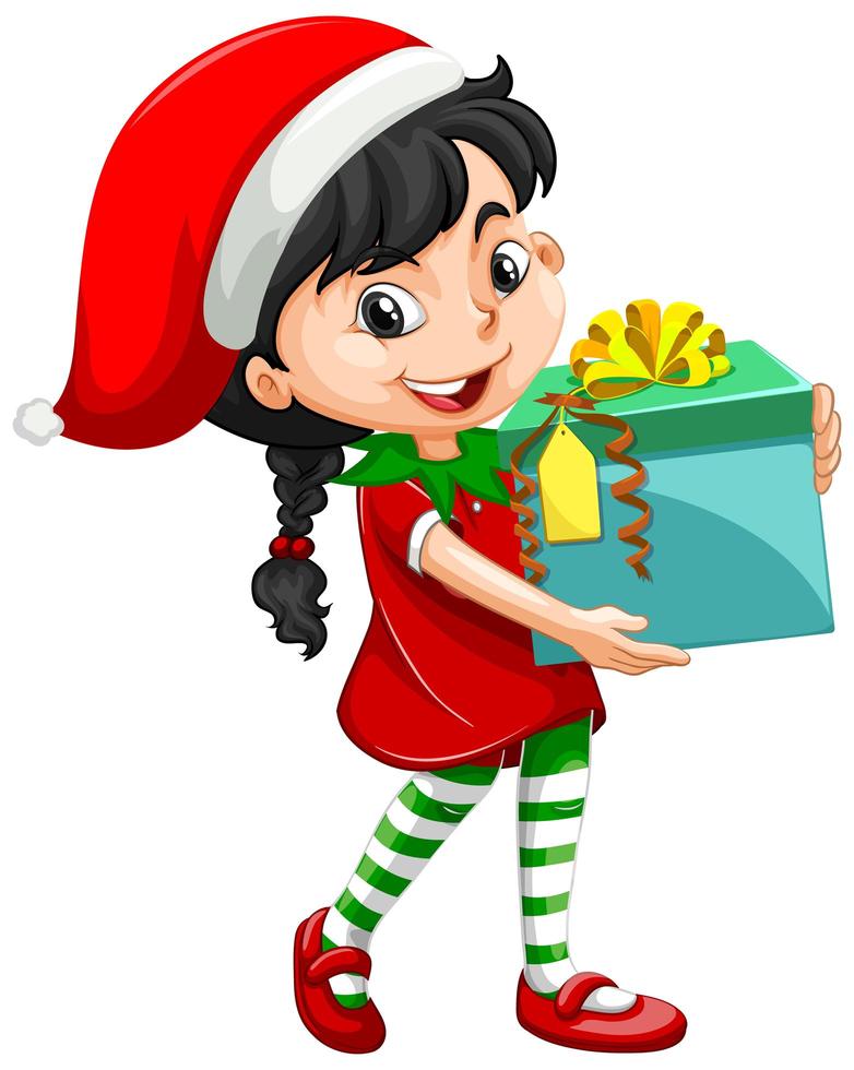 Cute girl in christmas costume holding gift box cartoon character vector