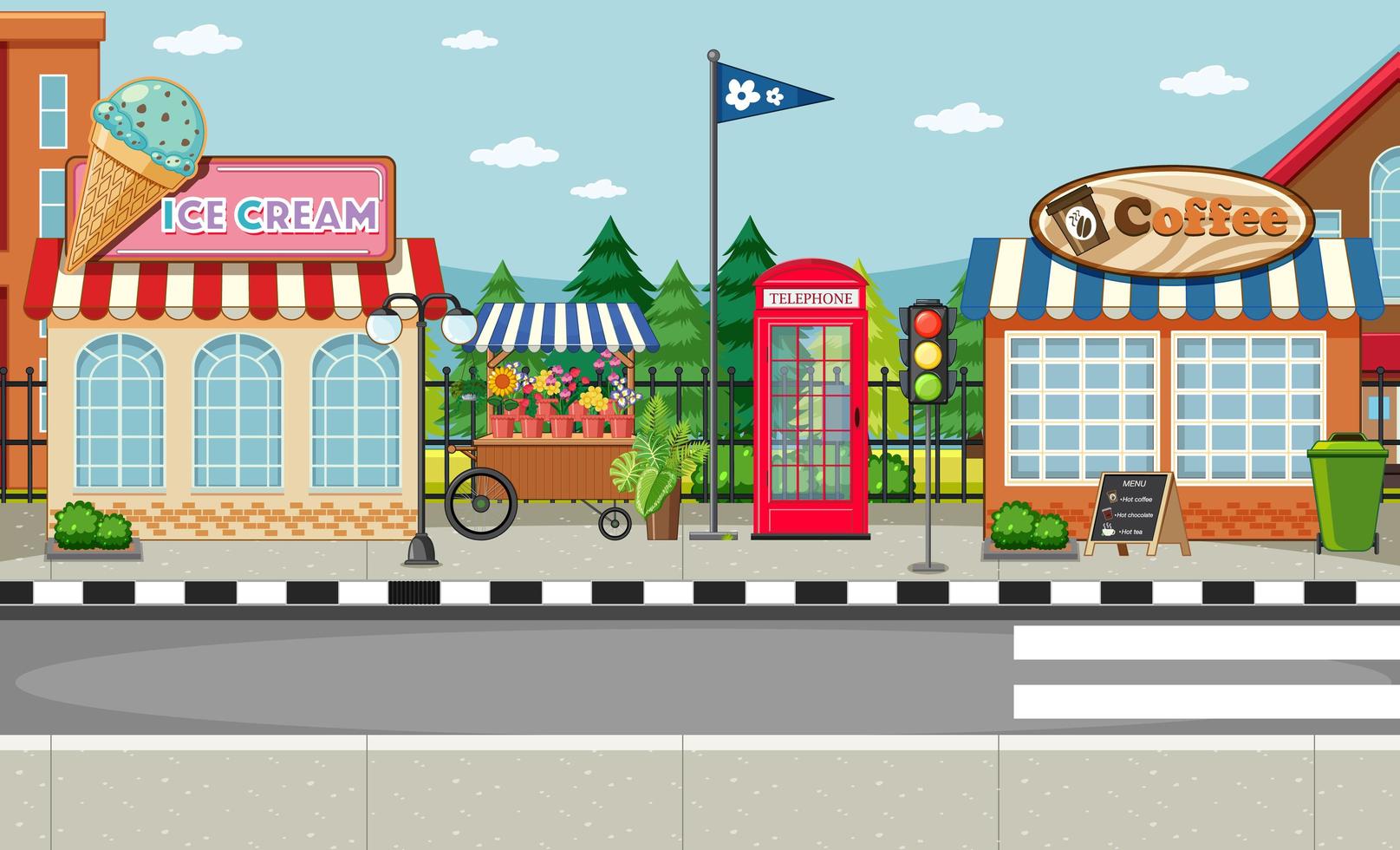 Street side scene with ice cream shop and coffee shop scene vector