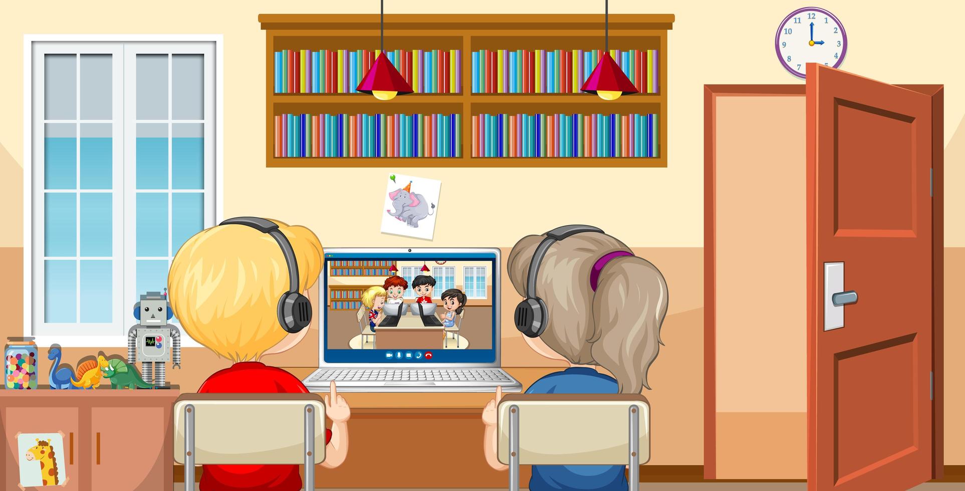 Back view of a couple kid communicate video conference with friends at home scene vector