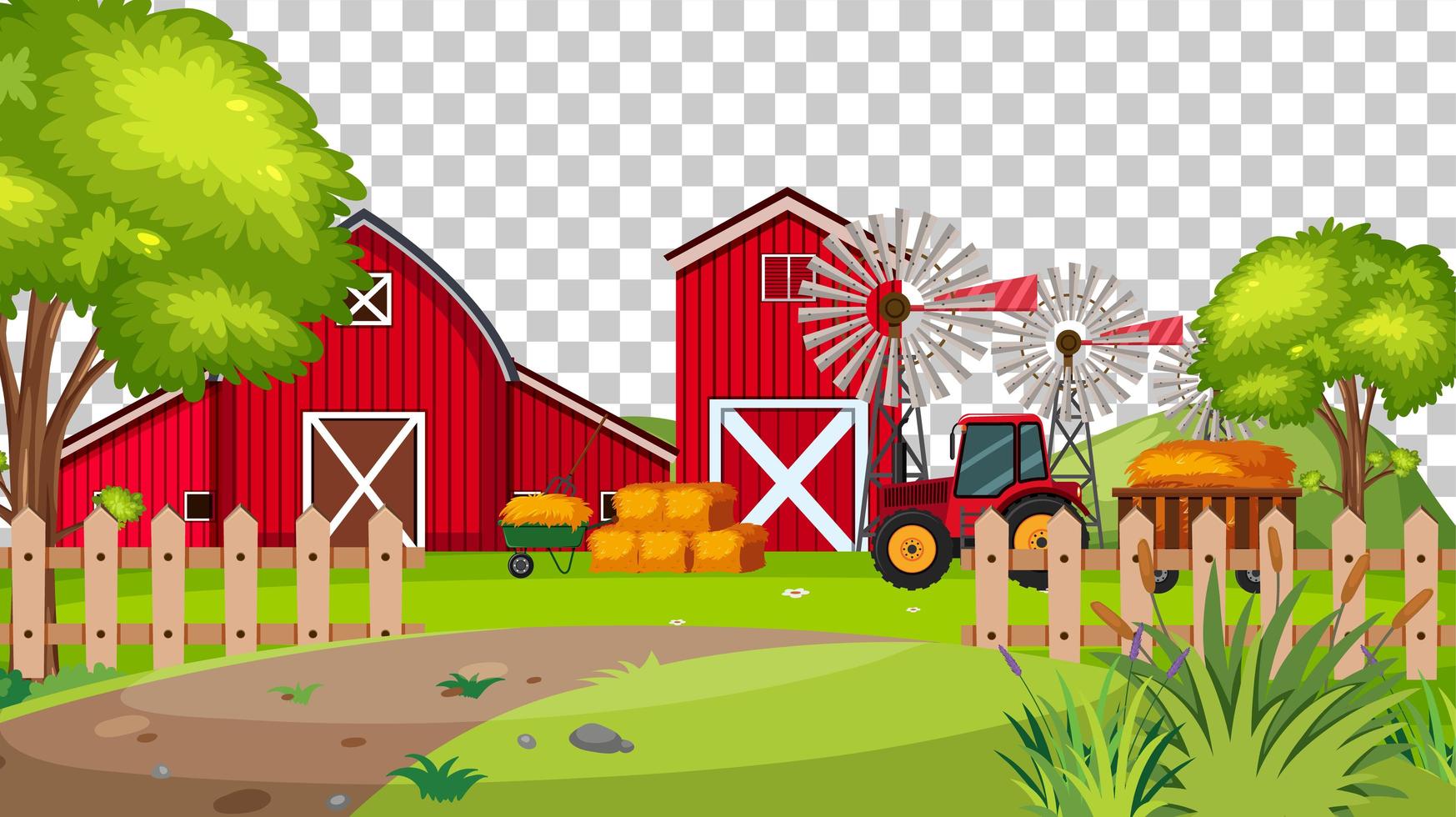 Red barn in farm scene on transparent background vector