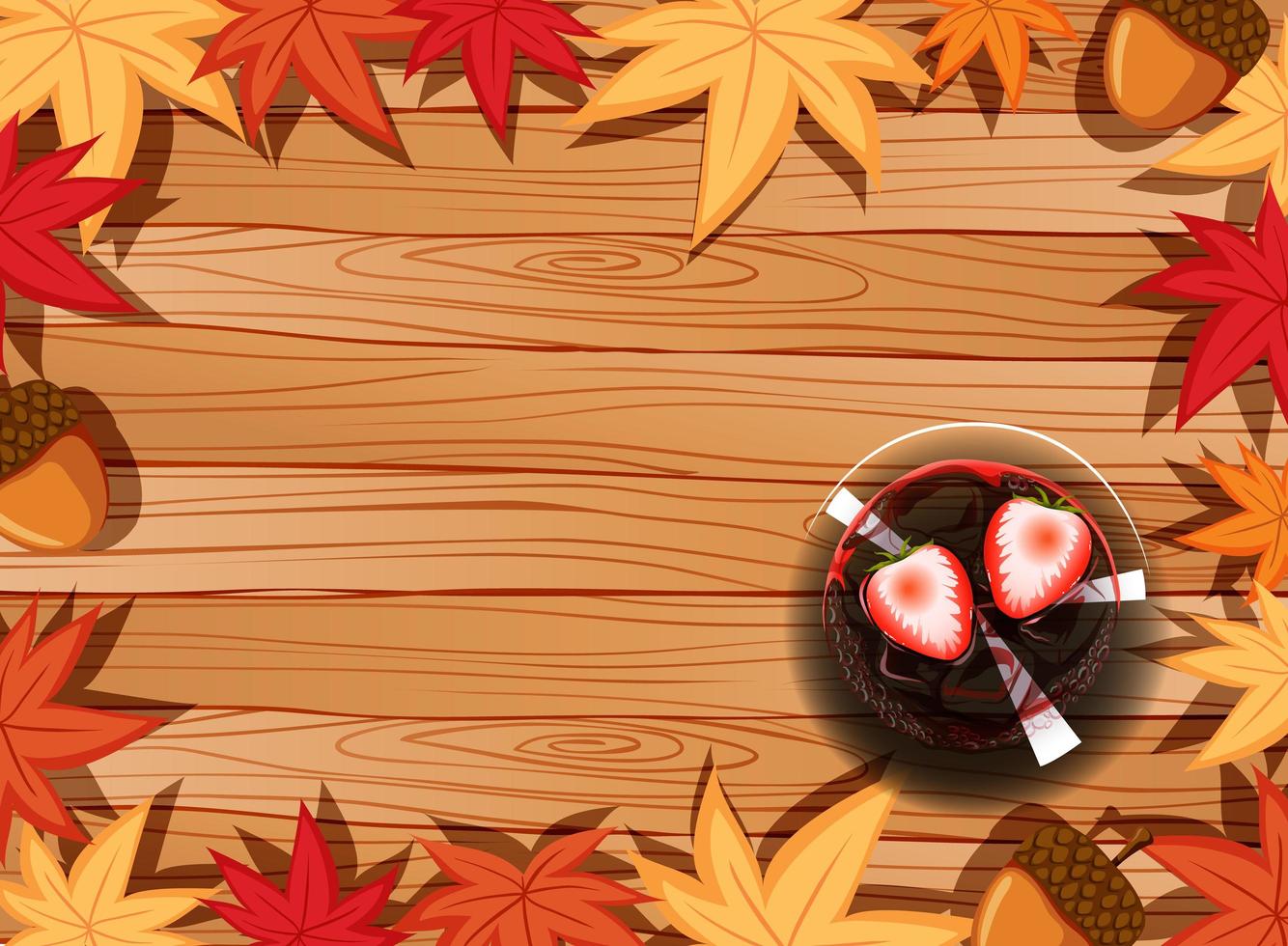 Top view of wooden table with dessert and autumn leaves element vector