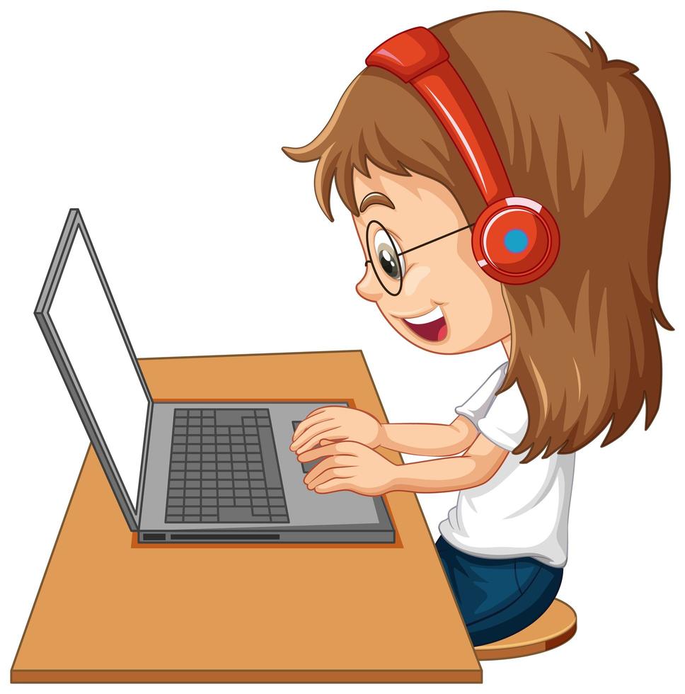 Side view of a girl with laptop on the table on white background vector