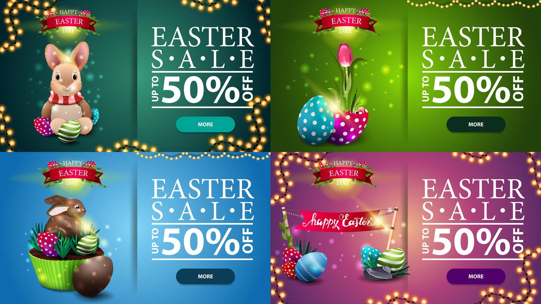 Collection of horizontal discount banners with Easter icons vector