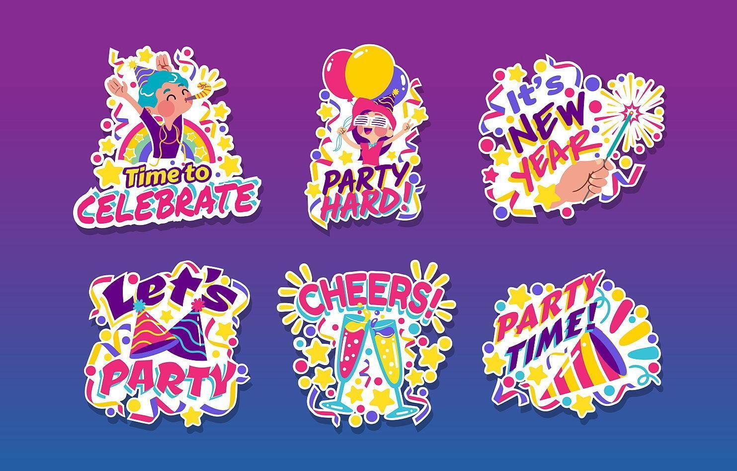 Colorful and Festive Party Cartoon Stickers vector