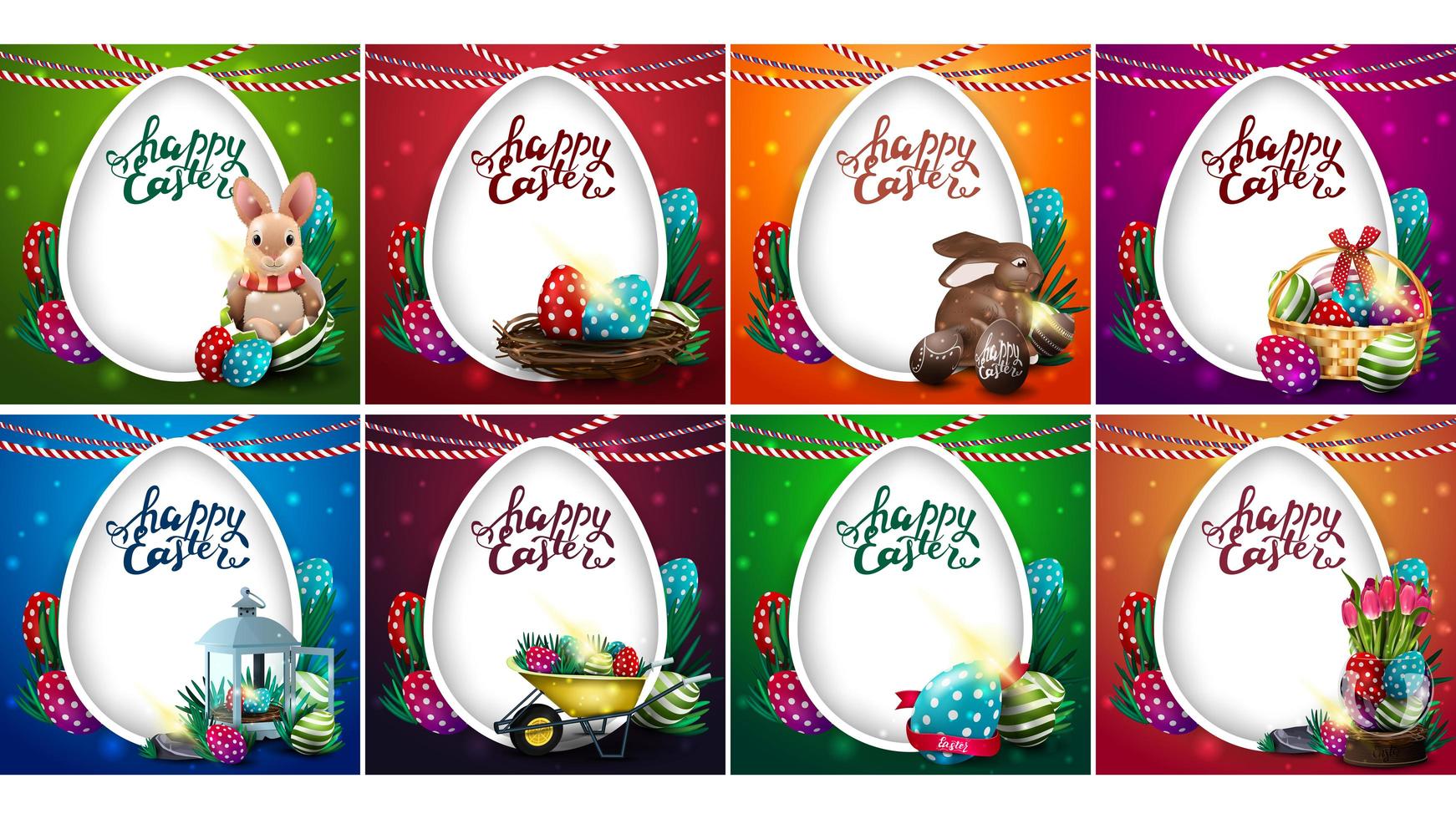 Set of bright colorful postcards with Easter icons vector