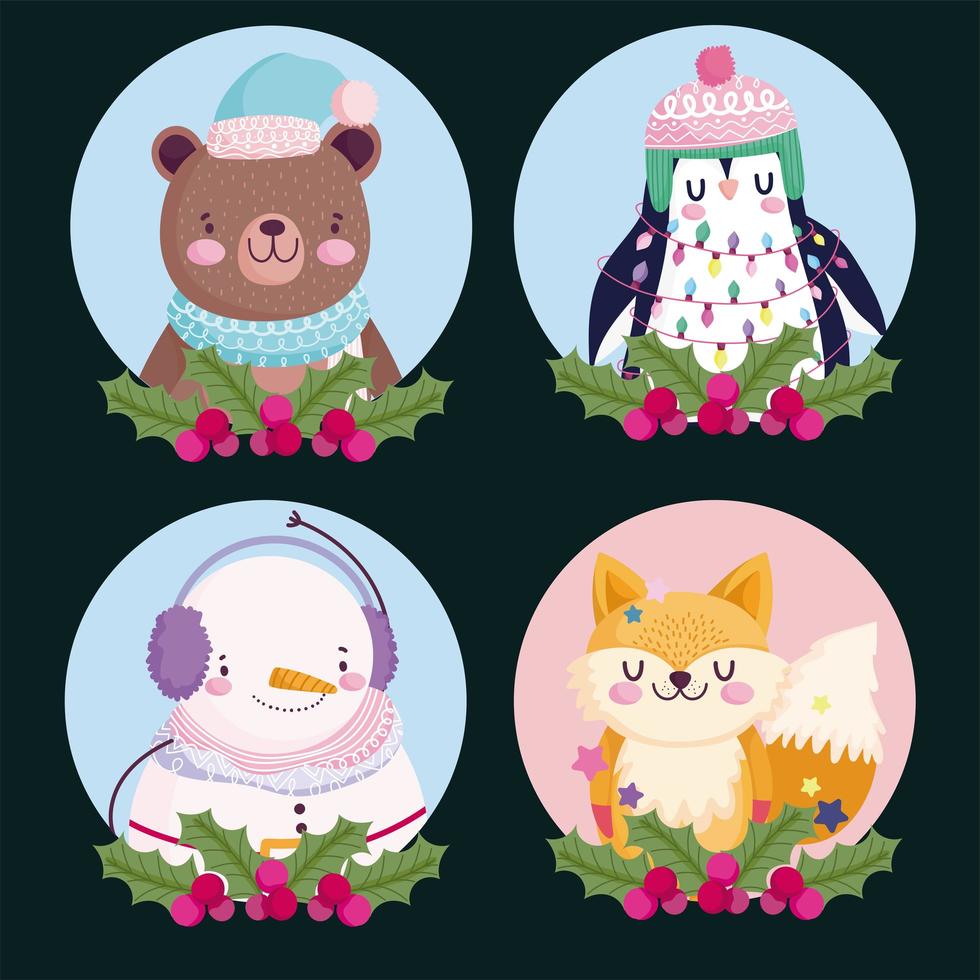 Christmas cute character round icon set vector