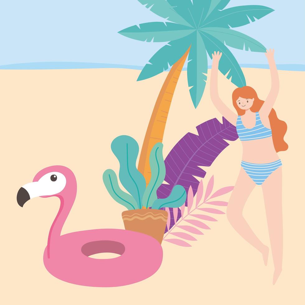 vacaciones de verano con niña en la playa vector
