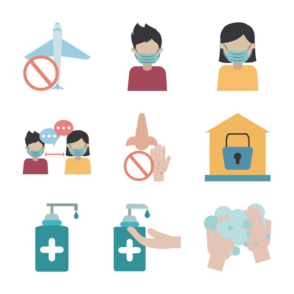 Coronavirus pandemic prevention flat icon set vector